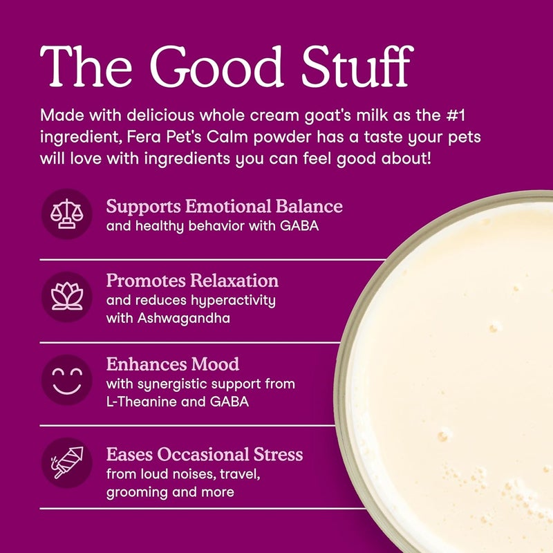 Fera Pets Goat Milk - Calming Supplement for Dogs & Cats - Ashwagandha, L-Theanine, & Passion Flower - Supports Anxiety Relief & Relaxation - for Picky Eaters - 60 TSP - Image 3
